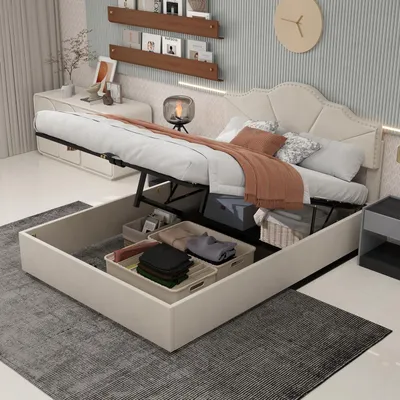Immagine prodotto di Letto per ragazzi MODFU 160x200, letto matrimoniale con asta idraulica, struttura con vano contenitore e morbida testiera con materasso, beige