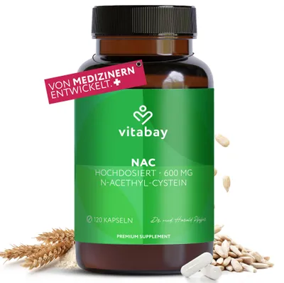 Produktbild von Vitabay NAC 600 mg – 120 vegane Kapseln mit N-Acetyl-L-Cystein – Hochdosierte Aminosäure-Kapseln – Ohne unnötige Zusatzstoffe