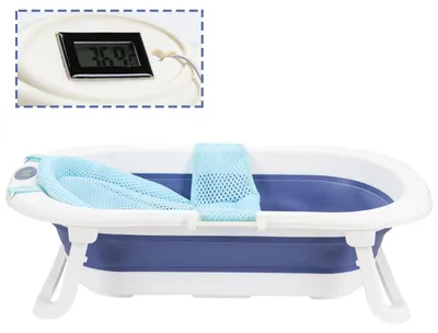 Productafbeelding van Ikodm Opvouwbaar babybad, 83 x 46 cm, met lignet en shampoo-beker, temperatuurindicator, geschikt voor baby's van 0-12 maanden, blauw