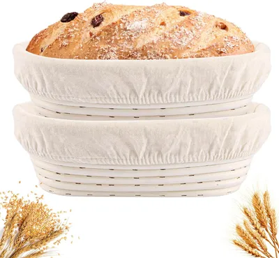 Produktbild von 2 Stück Gärkörbchen oval, Gärkörbchen Set, Gärkörbe mit Leinenauskleidung Ø25cm, Brotbackzubehör Gärform für Brot und Brotteig