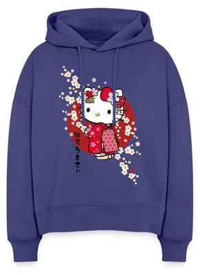 Produktbild von Spreadshirt Hello Kitty Japan Kimono Kirschblüten Frauen Boxy Organic Hoodie, L, Dämmerung