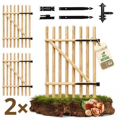 Image de Floranica Portillon en bois de noisetier pour clôture à piquets Hauteur 115 cm x 100 cm 2 vantaux – prêt à poser incl. charnières