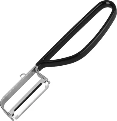 Produktbild von Stanley Rogers Pendelschäler 16 cm, Küchenhelfer mit ergonomischen Premium-Softtouch-Griff, Universalschäler mit Funktionsteil aus Edelstahl (Farbe: Silber/Schwarz)