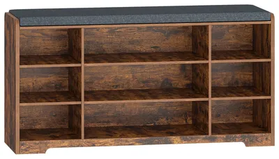 Produktbild von Schuhbank mit Sitzfläche und Aufbewahrungskissen – Vintage-braunes Schuhregal – 9 Fächer – Verstellbare Ablagen