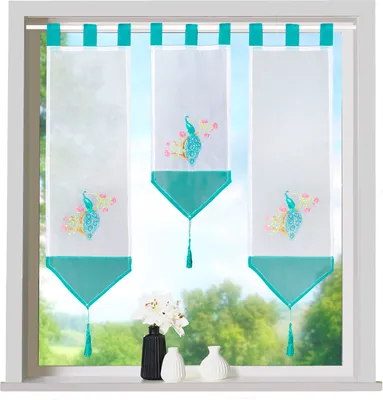 Produktbild von heimtexland ® Scheibengardine Set 3-tlg Schlaufen Gardine Bestickt Fensterdeko Typ710 Pfau Türkis