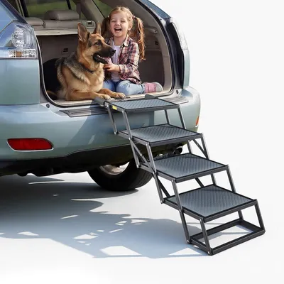 Produktbild von Hundetreppe Auto - Klappbare 4-stufige Hunderampe - Extra Breit - Rutschfeste Oberfläche - Für Große Hunde bis 180 kg - Tragbare Einstiegshilfe für Auto SUV LKW