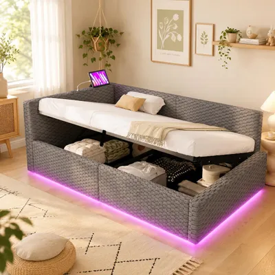 Obrázek produktu pro Čalouněná postel STILVORA 90×200 cm s LED osvětlením, postel pro mládež s USB-C porty a opěrkou ve tvaru L z sametu, hydraulický rošt s úložným prostorem, sametová postel bez matrace, šedá