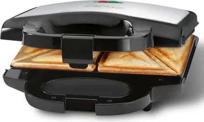Produktbild von Clatronic ST 3778 Sandwichmaker | elektrischer Sandwichtoaster mit dreieckigen Sandwichplatten antihaftbeschichtet | 750 Watt Schwarz/Edelstahl