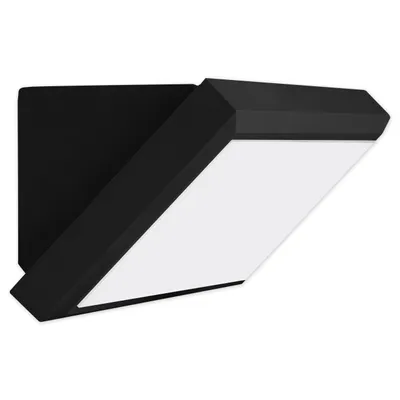 A black outdoor wall light with a white illuminated panel, shown from a side angle against a white background.