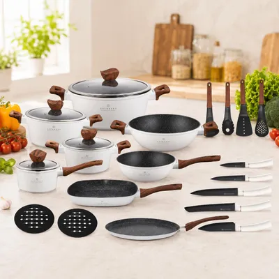 Produktbild von Edenberg 23-teiliges Kochgeschirrset,weiße Töpfe, Topf mit Deckel, Pfannen, Küchenutensilien, Mehrteiliges Set, für Induktionsherde, EB5603, KI-generiertes Bild