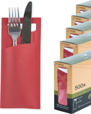 Produktbild von Bestecktasche Prime Fit in Rot 85 x 190 mm, mit 2-lagiger Tissue-Serviette in Weiß - 500 Stück