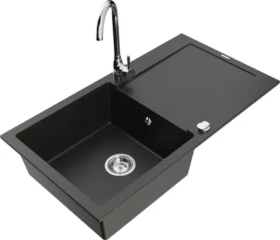 Produktbild von Mexen Leo 1 Becken-Granitspüle mit Abtropffläche und Mischbatterie Telma, Schwarz/Gold metallisch - 6501-75-670200-00