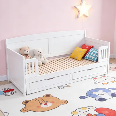 Produktbild von Schlafsofa 90×190 cm Tagesbett (ohne Matratze), aus weißem Kiefernholz, multifunktionales Einzelbett mit Ausziehbett und Schubladen