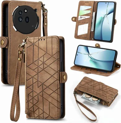 Image de Pour Nothing Phone 3a Pro Design géométrique en similicuir Zipper Book Wallet Case avec boucle Marron