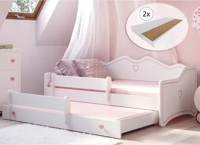A child's bedroom with a white and pink daybed with a pull-out trundle bed.