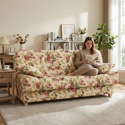Produktbild von Schlafsofa SARA Poly – Rosen-Design, Webstoff in Beige-Rosa, Family Meble, KI-generiertes Bild