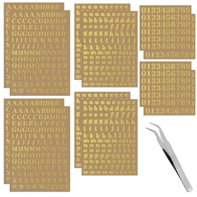 Metallbuchstaben-Aufkleber-Set, 12 Blatt, Gold, mit Pinzette
