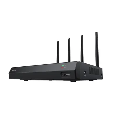 A black network video recorder with multiple antennas, shown from a side angle against a white background.
