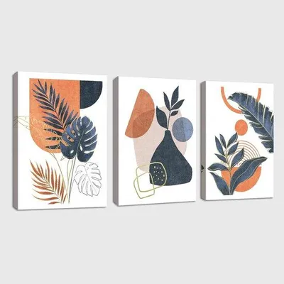 Produktbild von Blumenmotive Canvas-Wandkunst - Moderne Dekoration - 3 Exemplare - Blau-Orange - 40x60cm