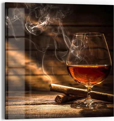 Produktbild von DEQORI Glasbild Echtglas 50x50 cm 'Whiskeyglas und Zigarre' Wandbild Bild modern Deko