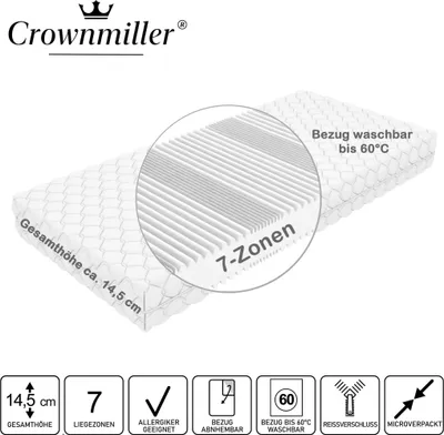 Produktbild von Crownmiller Basic Plus 90x200cm fest, 7 Zonen Matratze, 14,5 cm, Bezug waschbar bis 60°C