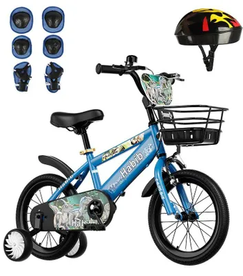 Produktbild von Habib Dino Kinderfahrrad 12 14 16 Zoll | Jungen Stützräder Helm Schutzset Pumpe: Blau / 12 zoll