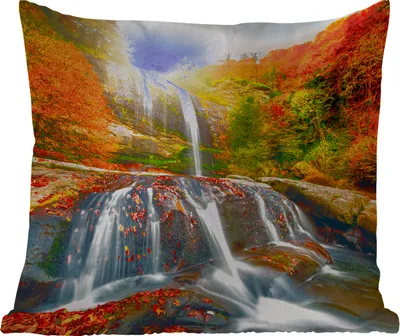 Produktbild von MuchoWow® Outdoor Kissen - Wasserfall - Natur - Herbst - Rot - Wasser - 60x60 cm - Wetterfest - Lounge Kissen - Dekoration - Schlaf Kissen