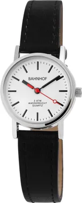 A close-up studio shot of a women's wristwatch with a black leather strap and a white face.