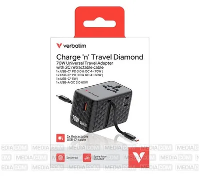 Produktbild von Verbatim Charge 'n' Travel 70W, Drinnen, AC, 250 V, 10 A, Schwarz