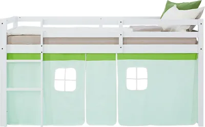 Image de Lit superposé 90x200 cm avec Matelas Lit mezzanine en Bois Pin Massif Rideau Vert Sommier à lattes