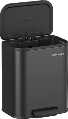 A black pedal trash can with its lid open, shown from a slightly elevated front-left angle against a white background.