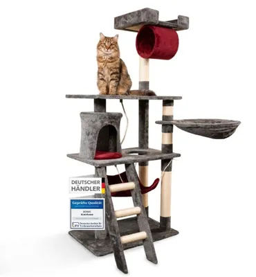Produktbild von Foxdevil by xonic® Stabiler Kratzbaum für Katzen - Vielseitiger Katzenkratzbaum mit Aussichtsplattform, Hängematte, Kuschelhöhle, Spielkordel, Treppe – 141 cm Hoch – [ Grau/Rot V1]