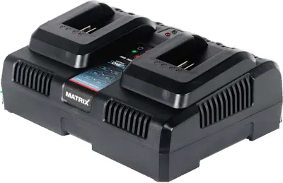 A black dual battery charger for power tools.