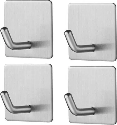 Immagine prodotto di 4 ganci adesivi da cucina color argento, ideali per la cucina; portasciugamani color argento, perfetti per la cucina, il bagno e l'ufficio