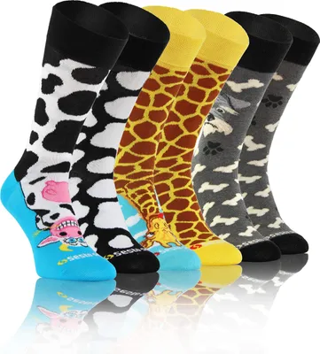 Produktbild von sesto senso Lustige Bunte Verrückt Socken Baumwolle Damen Herren 3 Pack Gemusterte Ungleiche Funny Socks Oddsocks Hund Kuh Giraffe 35-38 3 Tiere