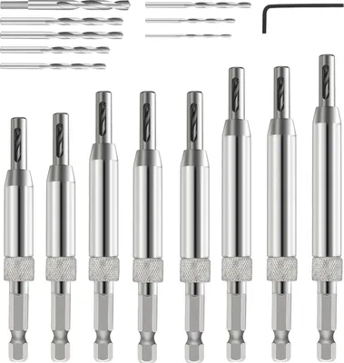 Produktbild von 16pcs VIX Bits selbst zentrierend Bohrer Set, 1/4" Hex Schaft selbst zentrierend Scharnier Tapper Kernbohrer Set für Holzbearbeitung Fenster Türscharnier mit 1 Hex Key & 8 Bohrer 5/64"-1/4"