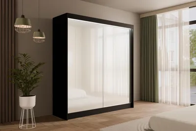 Produktbild von ALTDECOR Kleiderschrank mit Lacobel-Schiebetüren, kugelgelagerte Führungsschienen und Aluminium- Leisten, LED-Beleuchtung (weiß + 16 Farben) und Fernbedienung - PEKA - 200 cm Schwarz /  Weiß