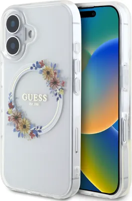 Produktbild von Guess GUHMP16SHFWFCT iPhone 16 6.1" transparent hardcase IML Flowers Wreath MagSafe Schutzhülle