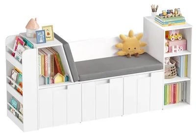 Zdjęcie produktu dla Regał dla dzieci – regał z ławką – 156 cm – schowek na zabawki z pojemnikami na kółkach – drewno – biały do pokoju dziecięcego