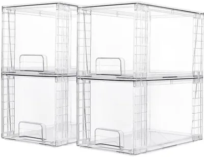 Produktbild von PromoHome® 4 Stapelbare Transparente Aufbewahrungsboxen mit Deckeln – Organisationsboxen für Büro, Küche, Schlafzimmer und Badezimmer