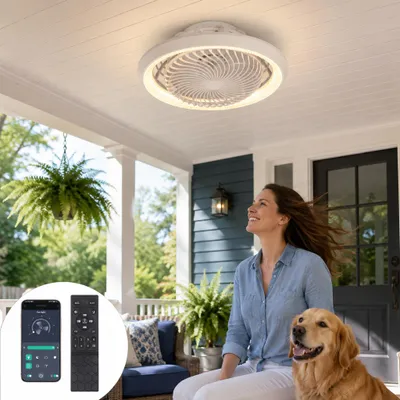 Image de Ventilateur de plafond de 49 cm avec éclairage, intensité réglable en continu, application et télécommande, rotation à 360°, lampe de ventilateur
