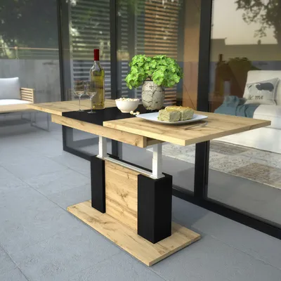 Produktbild von Design Couchtisch Tisch DP-1 Eiche Wotan - Schwarz matt höhenverstellbar ausziehbar Esstisch