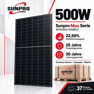 Produktbild von Sunpro SPDG500-N108R12 500 W Glas-Glas Solarmodul bifazial N-Type TOPCon Full Transparent – 37 Stück, 1 Palette