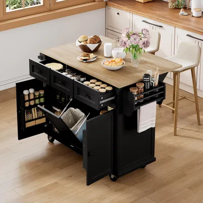 Produktbild von Flieks Servierwagen mit Arbeitsplatte Klappbar, Kücheninsel Küchenwagen mit Mülleimerfach & Schubladen, Mobil Speisewagen 112x46.2-76.2x92.7cm Schwarz