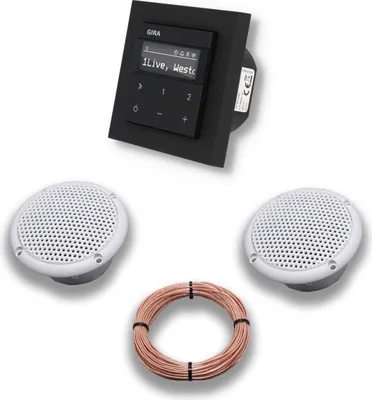 Produktbild von Gira Unterputz IP Internetradio 232003 + Bluetooth Komplett-SET, E2 schwarz matt + 2 x Deckenlautsprecher Einbaulautsprecher (Feuchtraum/Badezimmer) + 20 Meter Lautsprecherkabel 2x0,75 mm