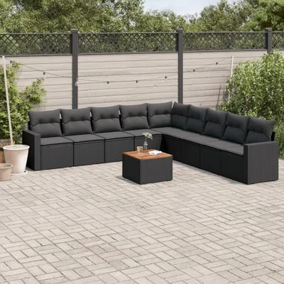 Produktbild von Design 10-tlg. Garten-Sofagarnitur mit Kissen Schwarz Poly Rattan, Gartenmöbel-Sets 2024 Neu