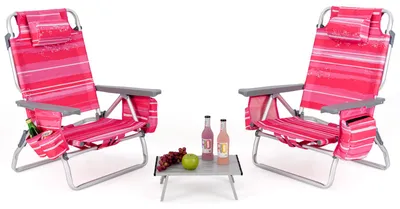 Produktbild von KOMFOTTEU Strandstühle klappbar mit Tisch, Campingstühle mit Kopfstütze & Verstellbarer Rückenlehne, Beachchair mit Eisbeutel & Getränkehalter & Aufbewahrungstasche, Klappstuhl bis 136 kg (Rosa)