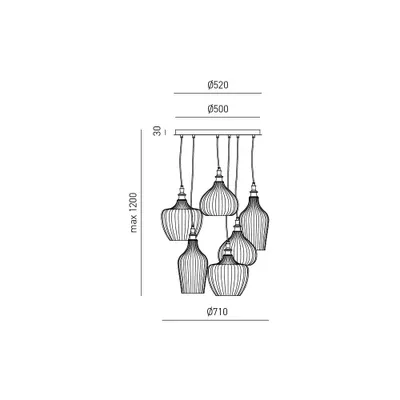 A technical drawing of a multi-bulb chandelier with dimensions indicated.