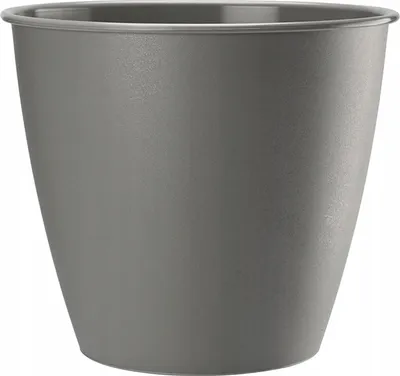 A gray plastic flower pot on a white background.