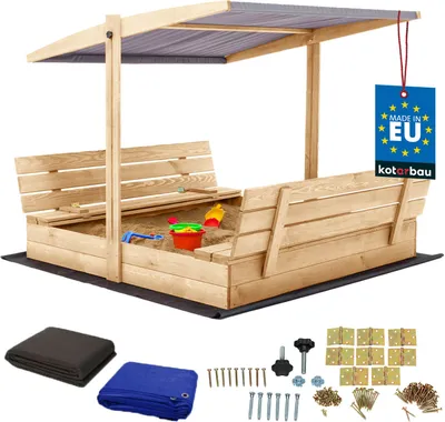 Produktbild von KOTARBAU® Sandkasten mit Abdeckung 140 x 140 cm Großer Naturfarbe Holzsandkasten mit Grau Dach Sandkasten mit Deckel Sandkasten mit Dach Gartenspielzeug Kinder imprägniert verschließbar mit Bänken
